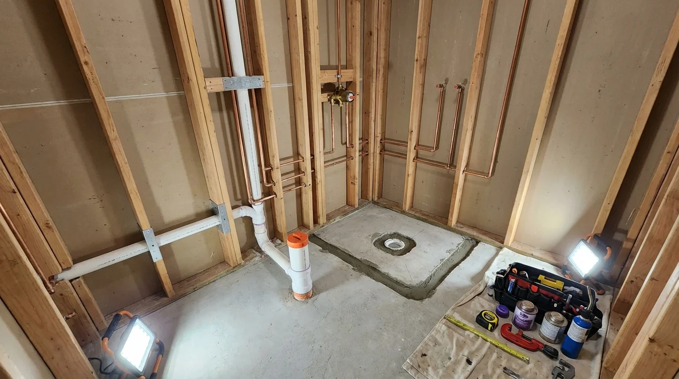 Bathroom rough-in plumbing during remodel by Johns Plumbing LLC in Water Mill