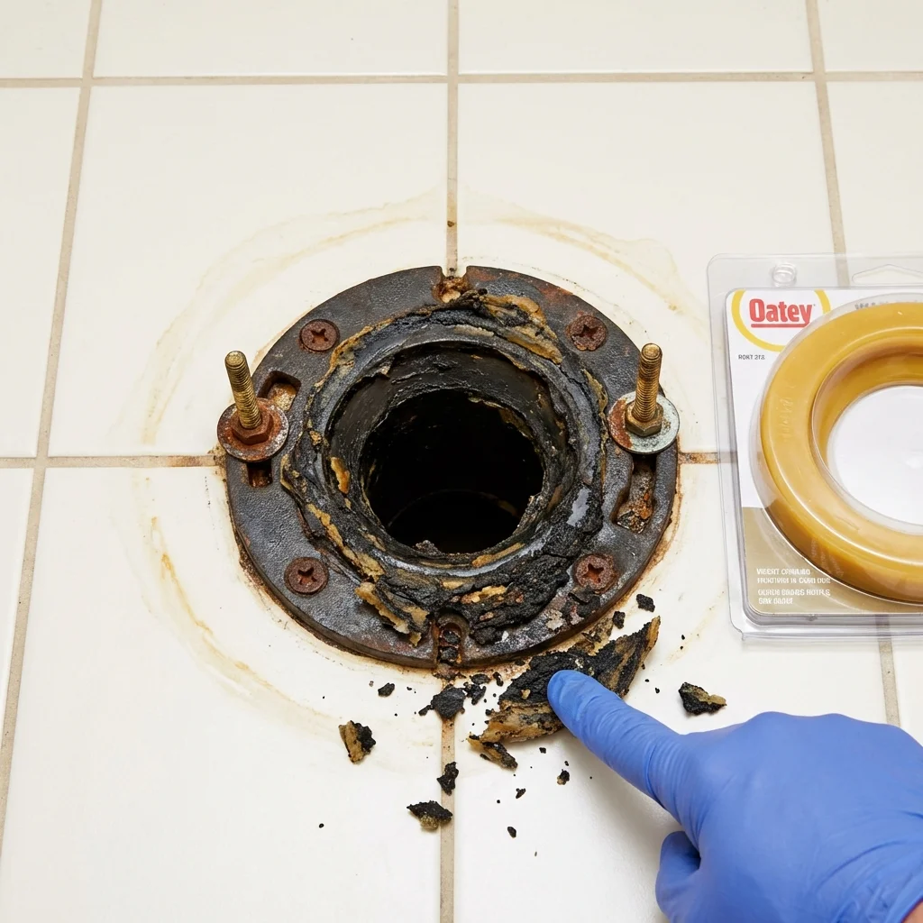 Failed wax ring showing water seepage at the base of a toilet in a Water Mill, NY home
