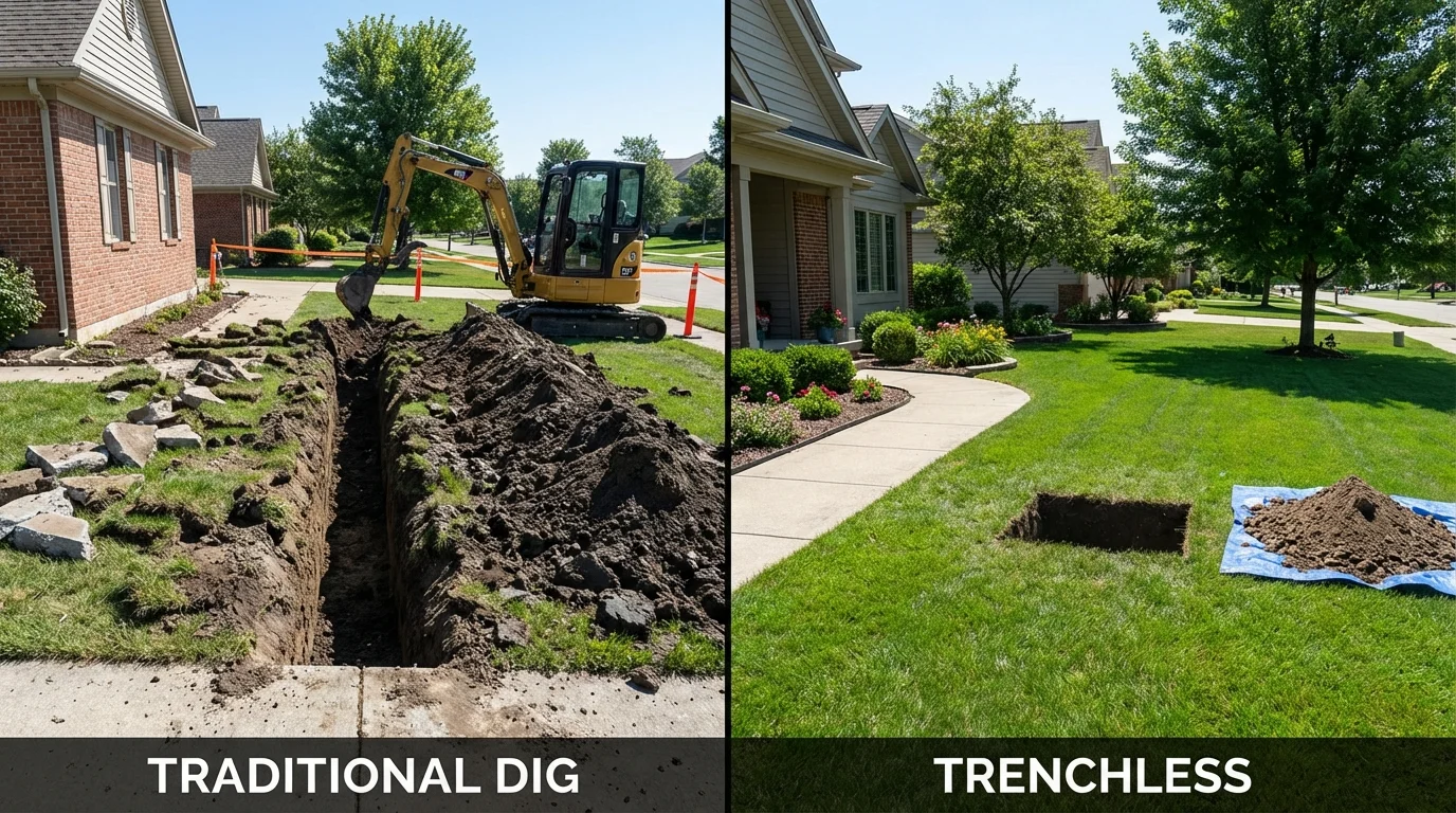 Trenchless sewer repair with minimal yard damage versus traditional excavation in Water Mill, NY