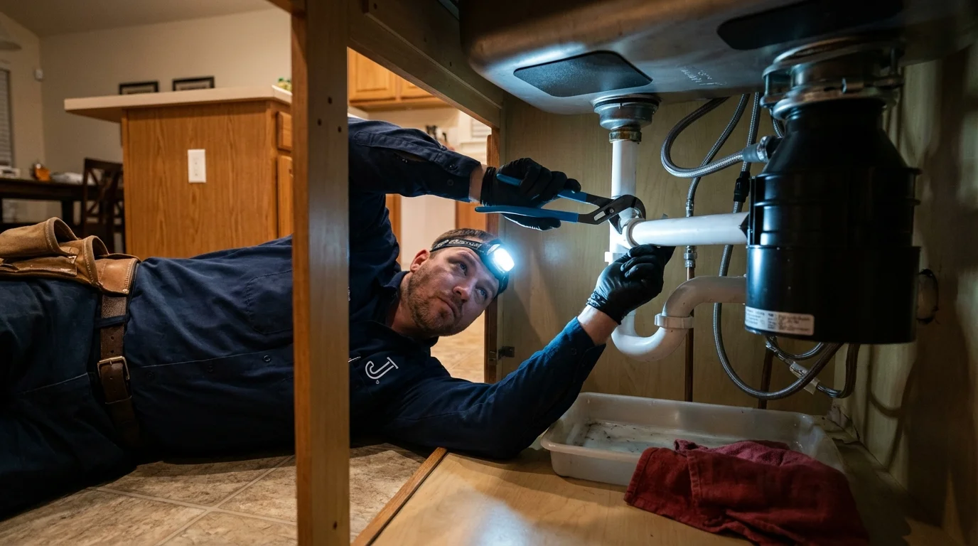 P-trap and supply line connections under a kitchen sink showing a common leak point in Water Mill, NY